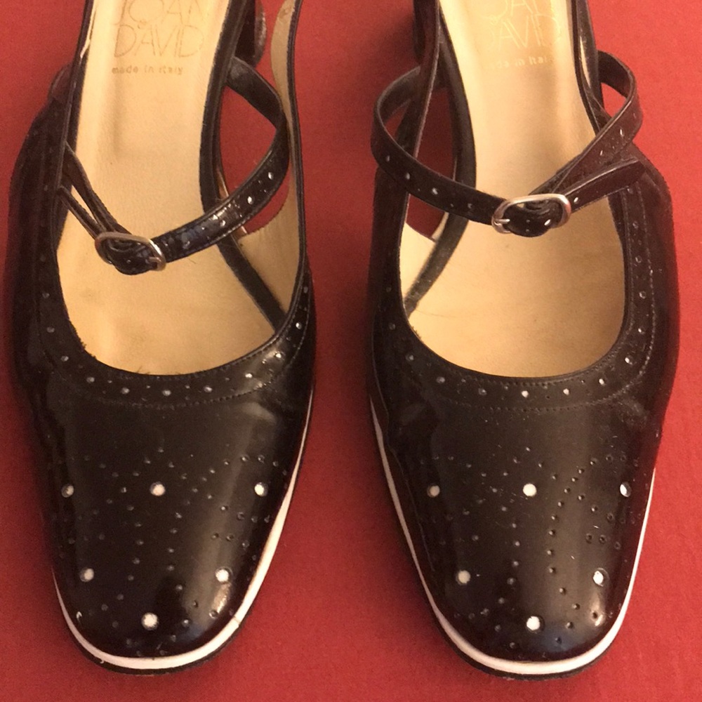 Joan and David Black/White slingbacks kitten heels